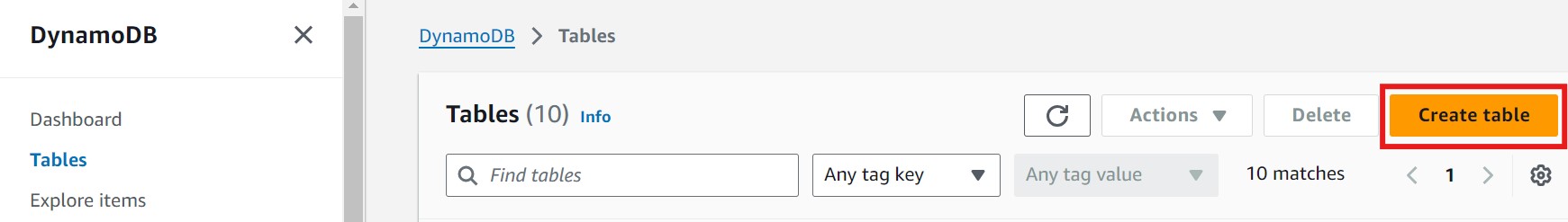 DynamoDB Create Table Button