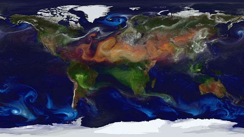 NASA computer weather simulation model depicting aerosol movement across the globe
