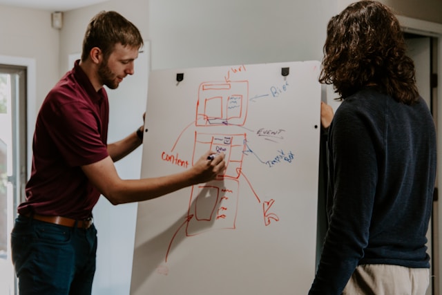 Photo of two people writing on a small whiteboard